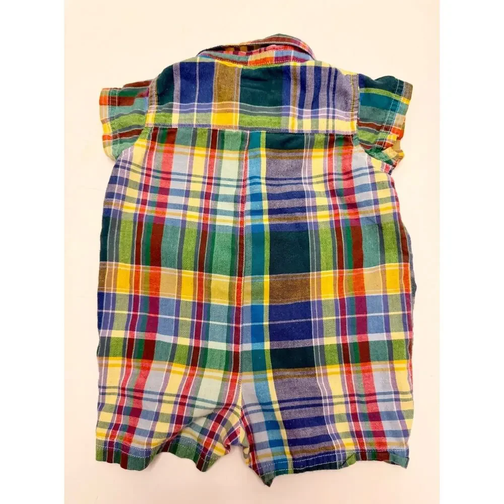 Ralph Lauren Baby Madras Plaid Shortall Romper Designer Summer EUC Size 9m